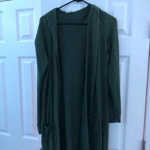 Long Green Hooded Cardigan With Pockets
